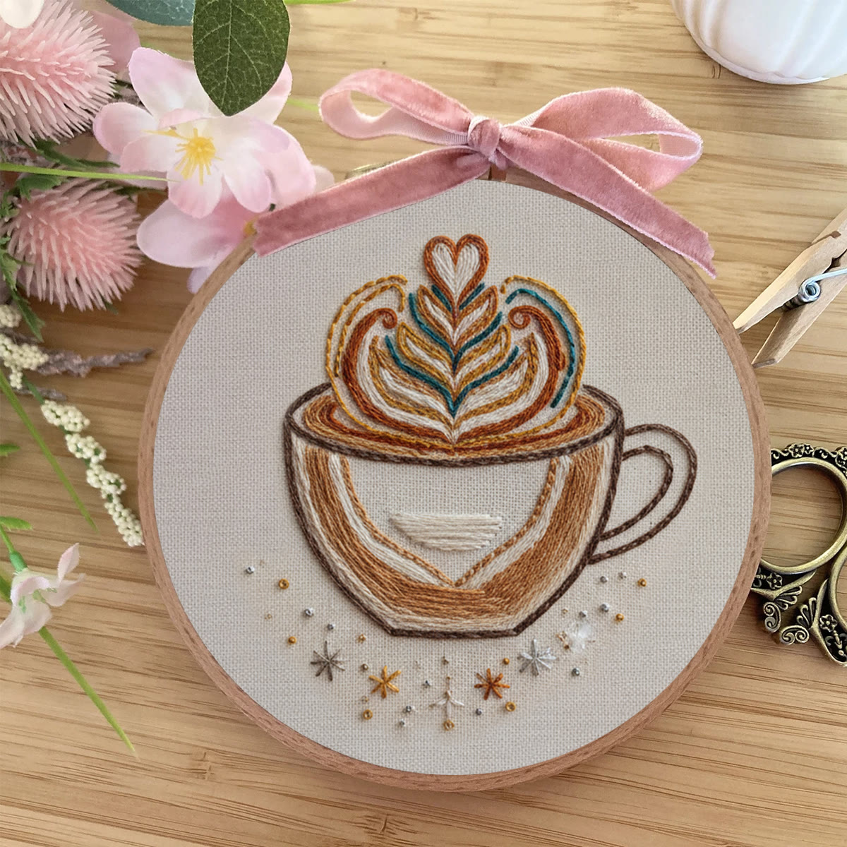 Rubbyoo Embroidery Kit - Latte Art Coffee Cup | Novice-Friendly Handcraft Project | Warm Textured Embroidery Piece - image 7
