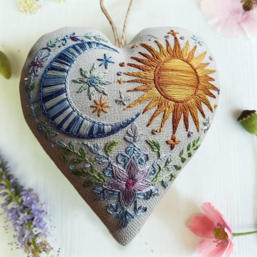 Rubbyoo Heart Embroidery Kit - Sun & Moon |  Folk-Art Style DIY Needlework | Nature Lover's Heart Ornament - image 7