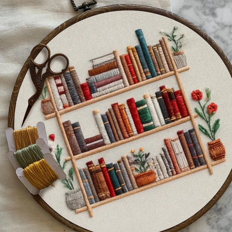 Rubbyoo Embroidery Kit - Tidy Bookshelf With Flowers | Diy Handicraft For Book Lovers | Suitable For Wall Decoration - image 2
