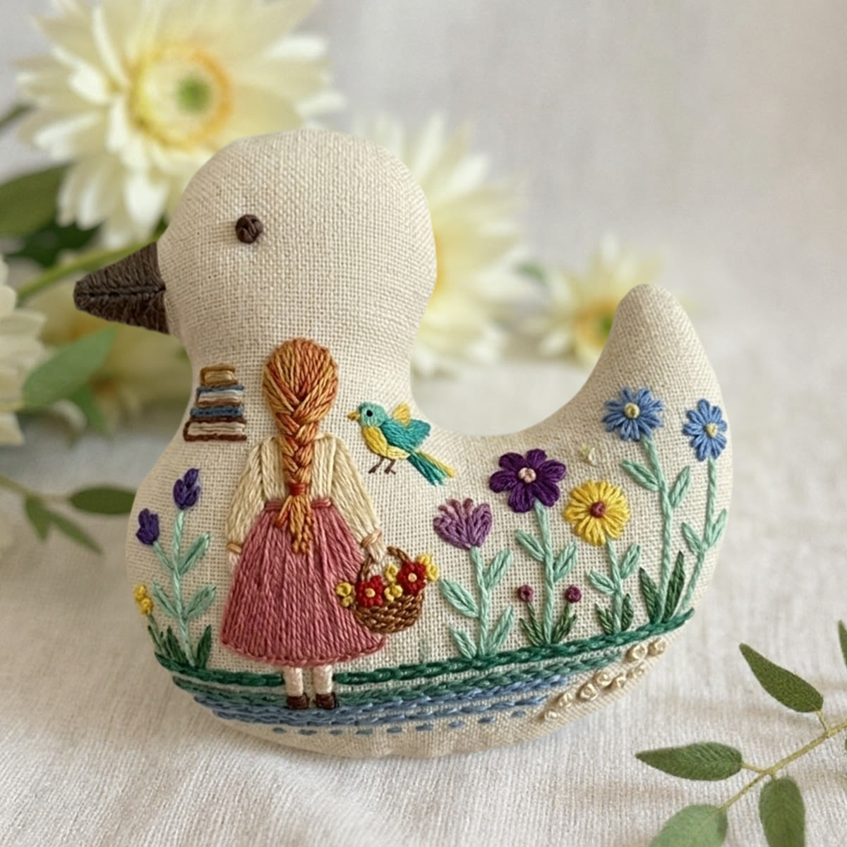 Rubbyoo Duck Embroidery Kit - Girl With Braid In Meadow | Shabby Chic Gift For Mother | Whimsical Linen Bag Charm - image 2