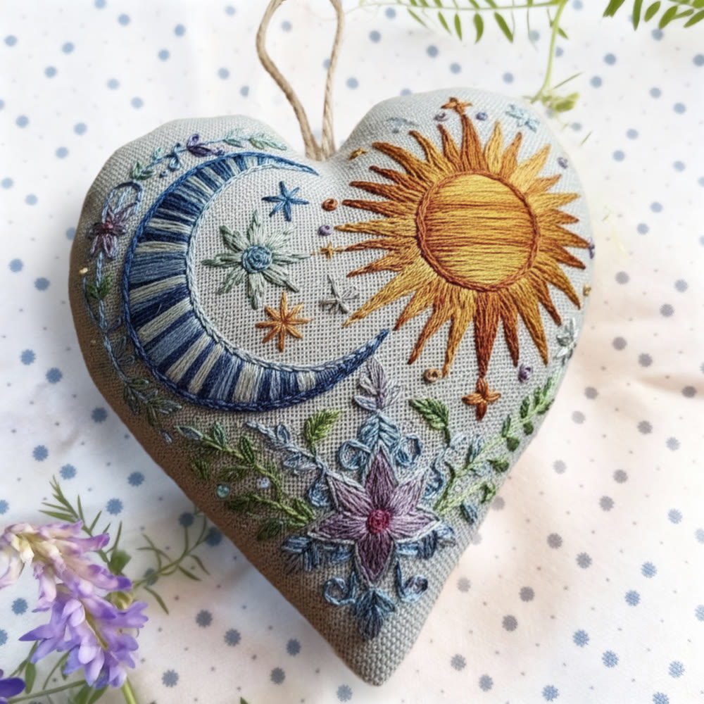 Rubbyoo Heart Embroidery Kit - Sun & Moon |  Folk-Art Style DIY Needlework | Nature Lover's Heart Ornament - image 5
