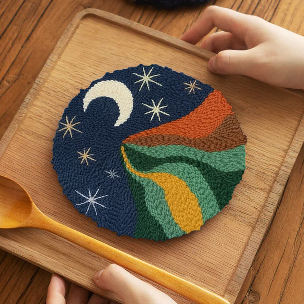 Starry Moonlit Mountainscape Punch Needle Kit – Newbie-friendly Diy Handcraft | Scenic Decorative Hanger - 5 inch Coaster Kit - image 4