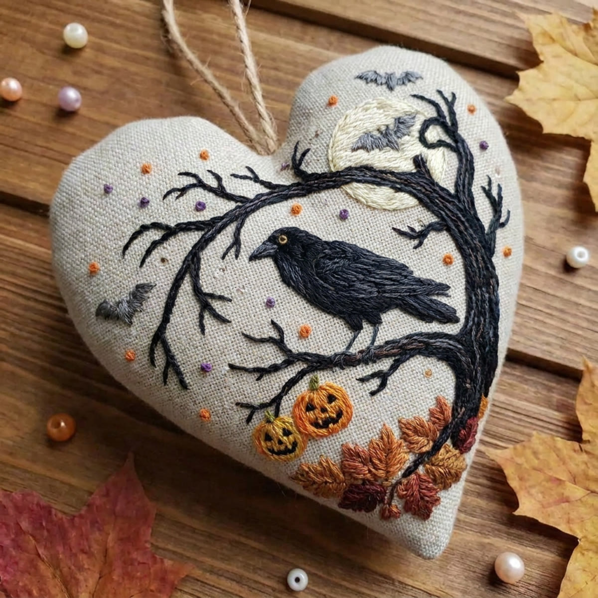 Rubbyoo Heart Embroidery Kit - Halloween Crow | Pretty Heart-Shaped Hanging Art | Whimsical Halloween Present For Friend - image 7