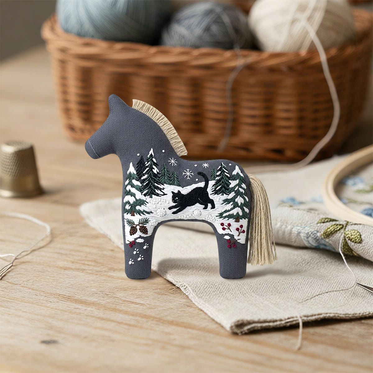 Rubbyoo Dala Horse Embroidery Kit - Black Cat In Snow | Winter Landscape Decoration | Christmas Snow Scene Needlework Gift - image 4