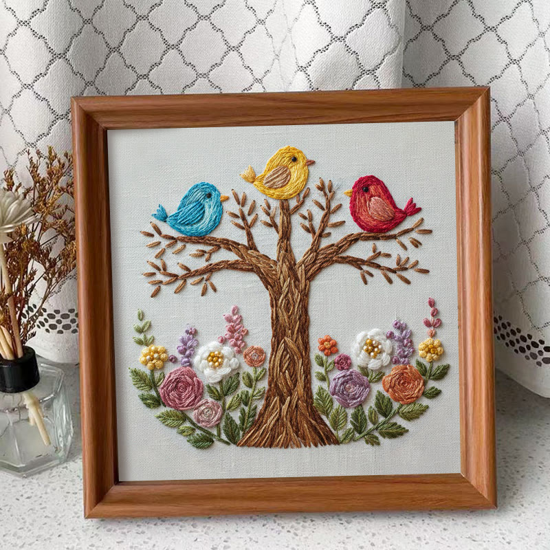Rubbyoo Embroidery Kit - Three Birds On Floral Tree | Playful Craft | Vibrant Home Addition - Embroidery Kit Plus An Extra Frame - image 4