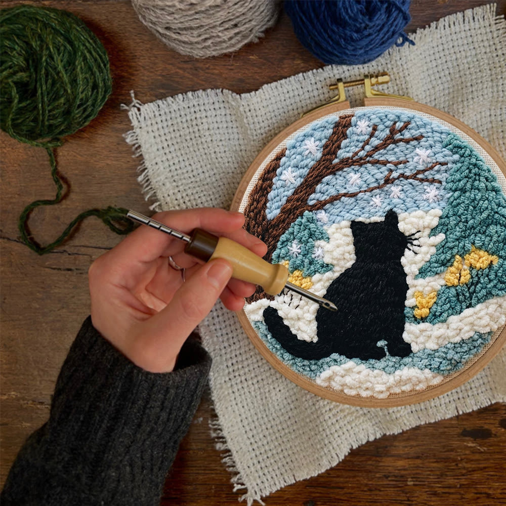 Snowy Winter Black Cat Punch Needle Kit – Starter Hoop Craft | Wintry Home Accent - image 9