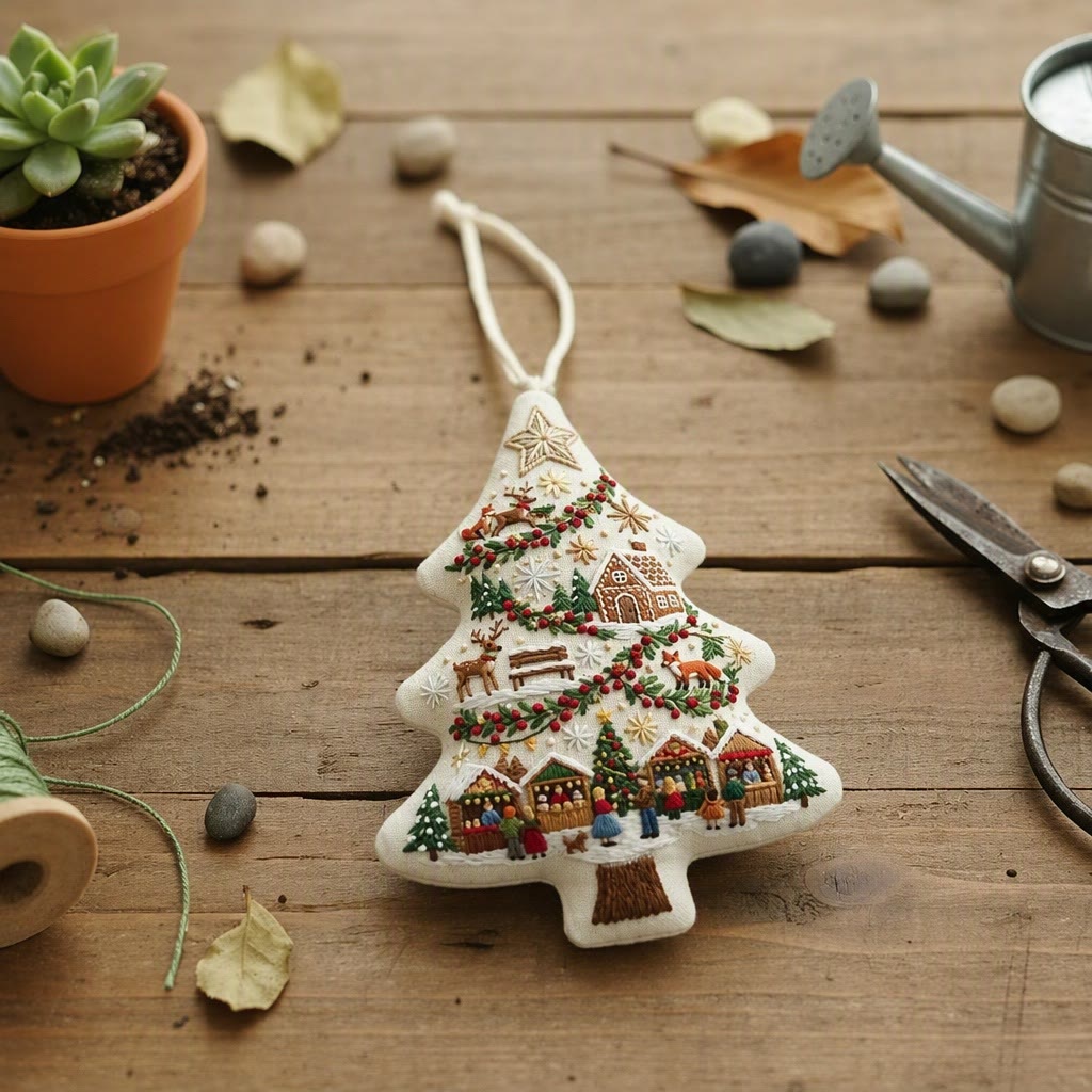 Rubbyoo Tree-shaped Embroidery Kit - Cozy Winter Village | Christmas Handmade Hoop Art Gift | Festive Snowy Scene Decor - image 5