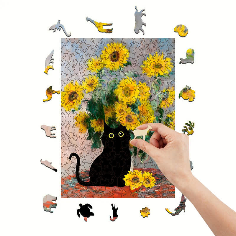 Rubbyoo Claude Monet Sunflowers Cat - Wooden Jigsaw Puzzle