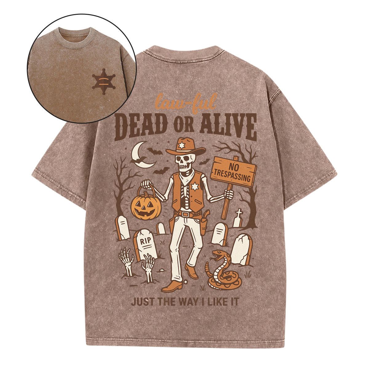 Rubbyoo Dead Or Alive Double Sided Unisex Washed T-shirt Stylish Halloween Look - Coffee - 5XL - image 18