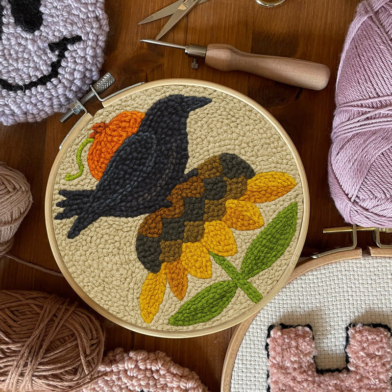 Floral Raven Punch Needle Kit - Handmade Bird Craft | Home Hanging Decor - image 9