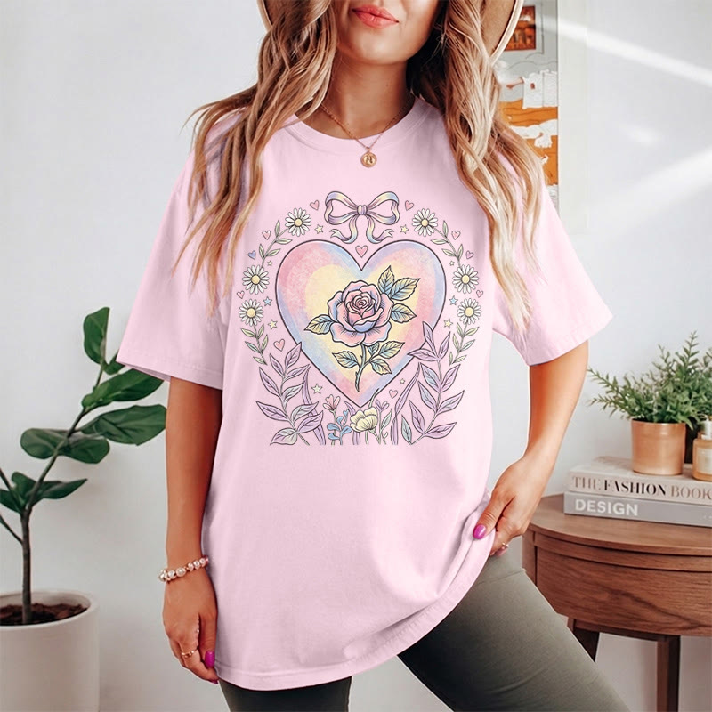 Rubbyoo Heart Of Rose Graphic Tee  - Soft Baggy  Shirt For Women  | Exquisite Pink Floral Print - image 14