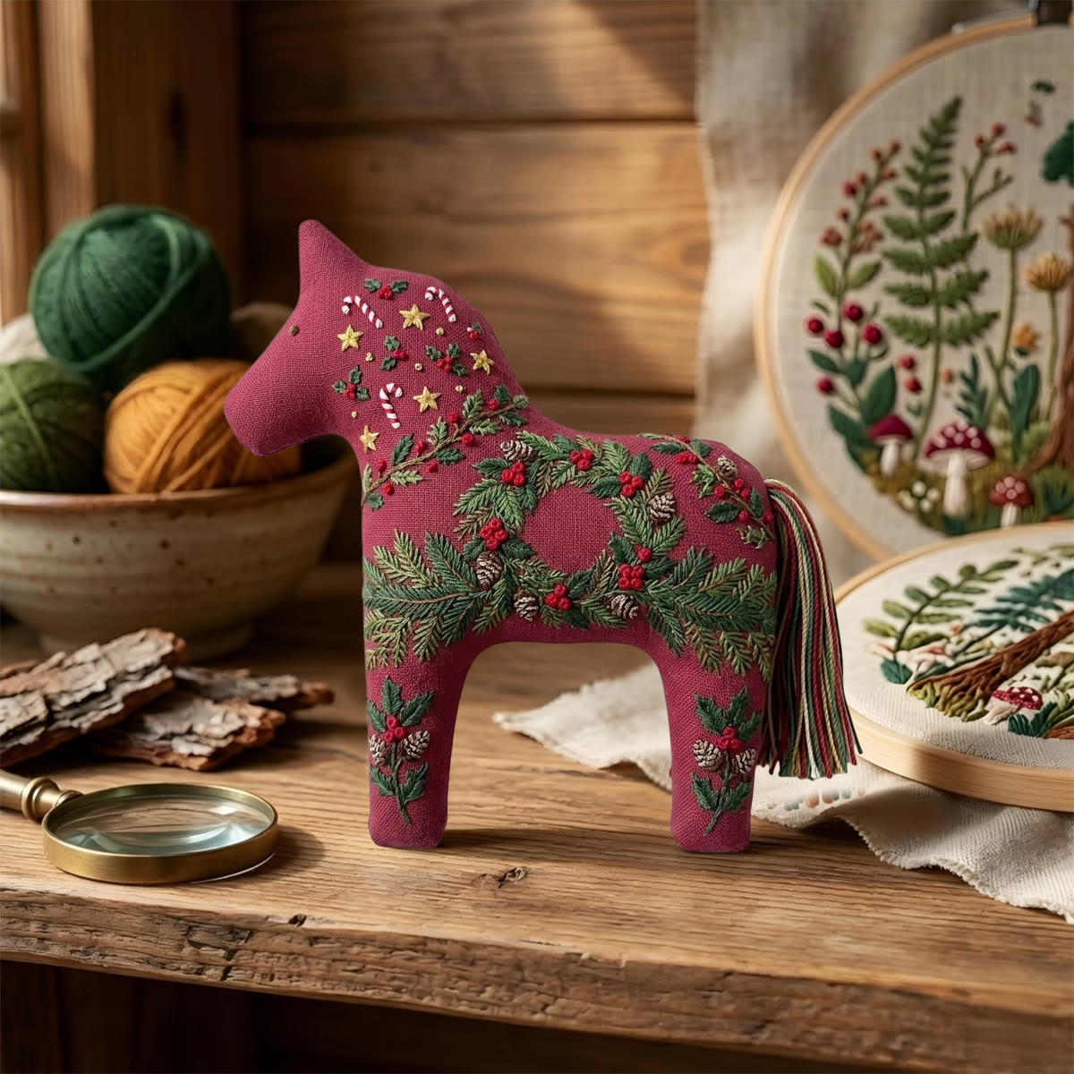 Rubbyoo Dala Horse Embroidery Kit - Vintage Evergreen And Pinecone | Christmas Holly Berry Pattern | Heritage New Year Keepsake - image 2