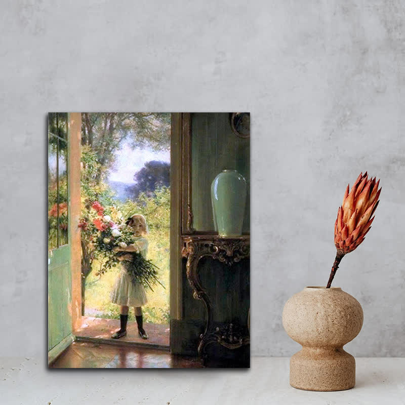 Little girl with huge bouquet - Wooden Jigsaw Puzzle