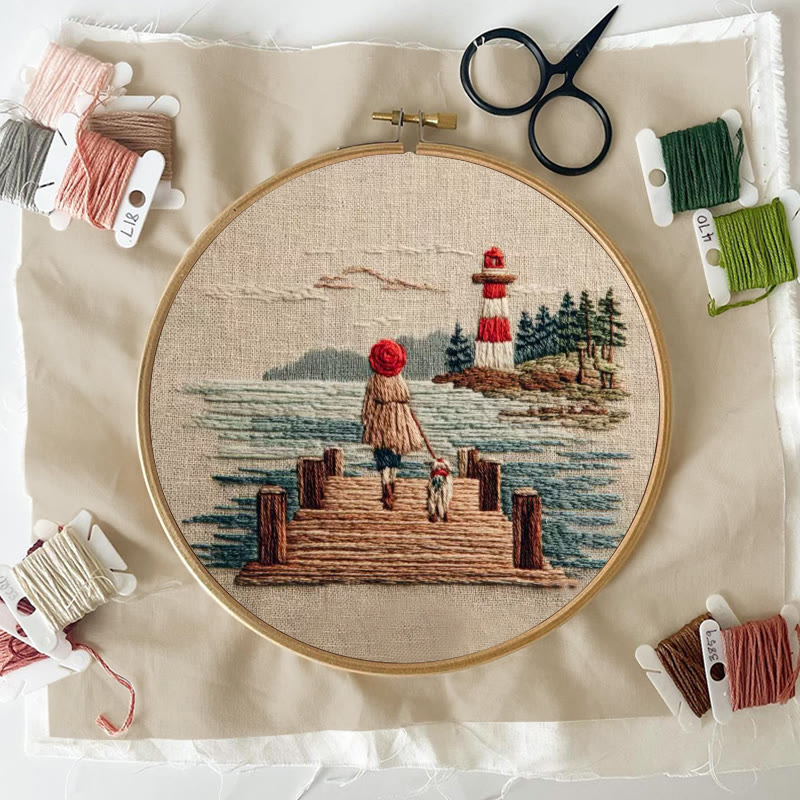 Rubbyoo Embroidery Kit - Coastal Lighthouse Walk with Pet | Nestlike Craft | Presentable Warm Living Wall Art - image 7