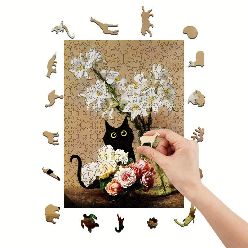 Rubbyoo Cute Black Cat With Roses And Lilies - Wooden Jigsaw Puzzle