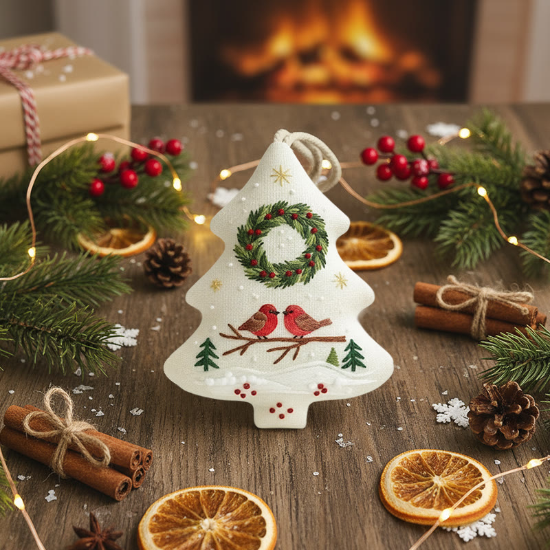 Rubbyoo Tree-shaped Embroidery Kit - Two Birds and Wreath Scene | Hand Embroidery Pattern | Christmas Gift for Her - image 4