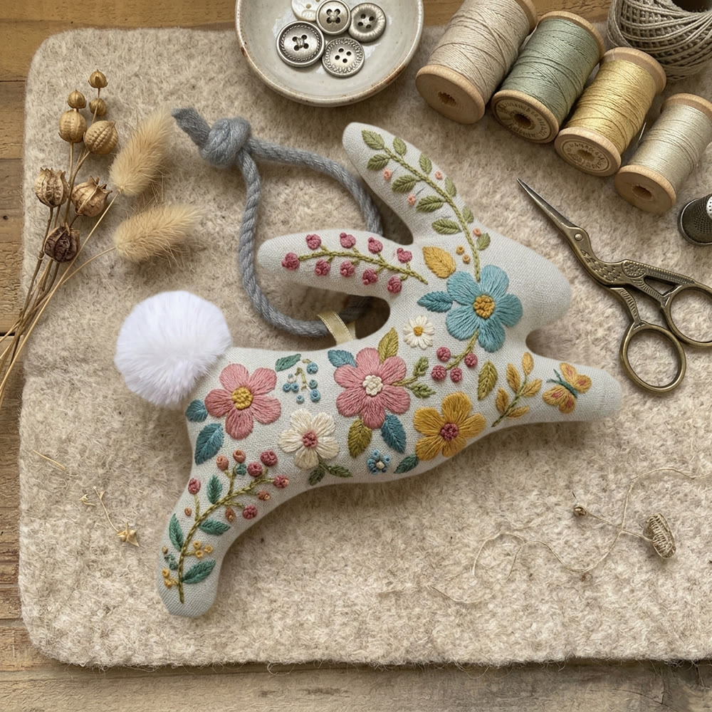Rubbyoo Rabbit Embroidery Kit - Blooming Colorful Flowers | Cute Bag Charm | Cozy  Present For DIY Lovers - image 4