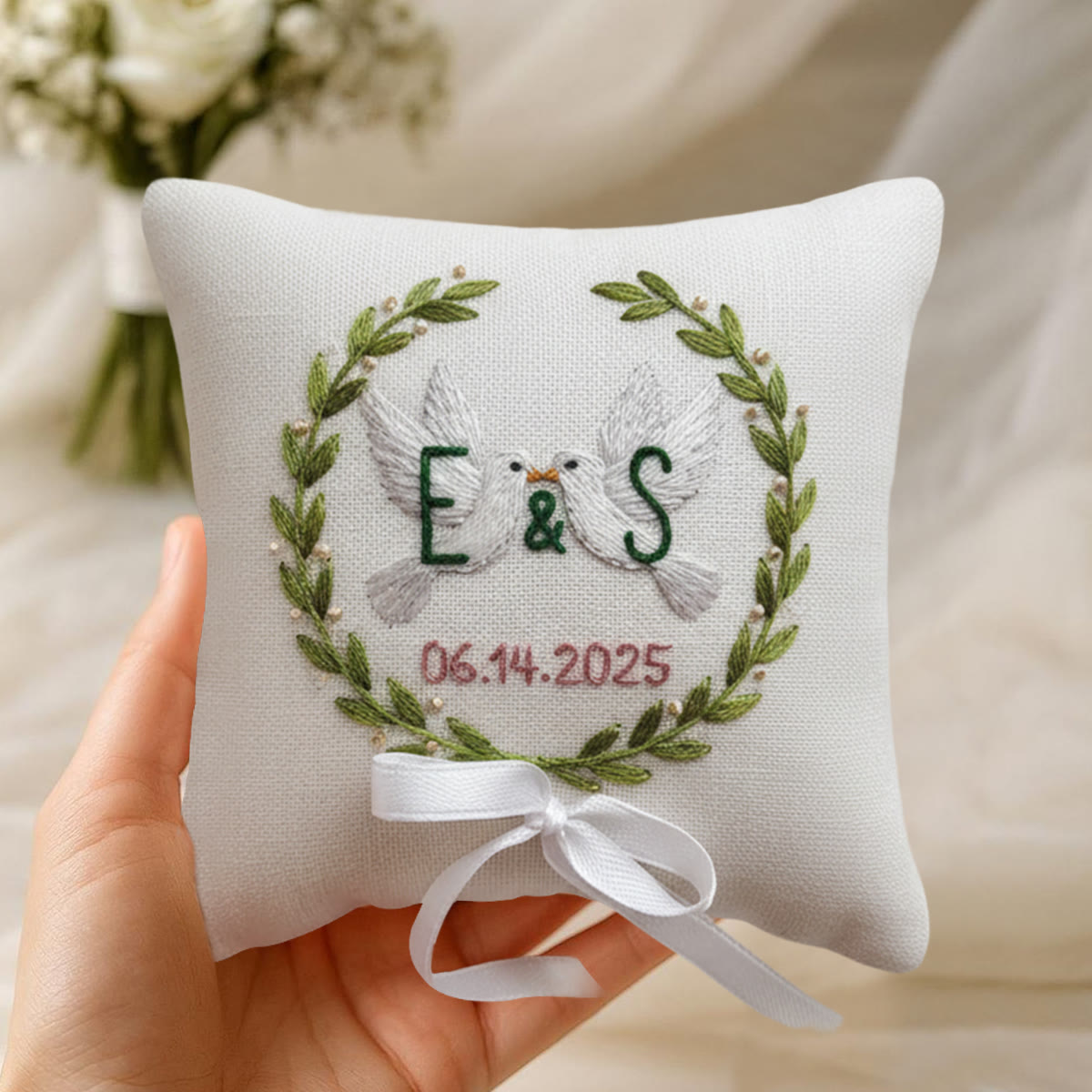 Rubbyoo Personalized Ring Bearer Pillow Embroidery Kit - White Doves Initials Wreath With Date | Gift-giving Top Pick Handcraft | Elegant Decor Pieces - image 7