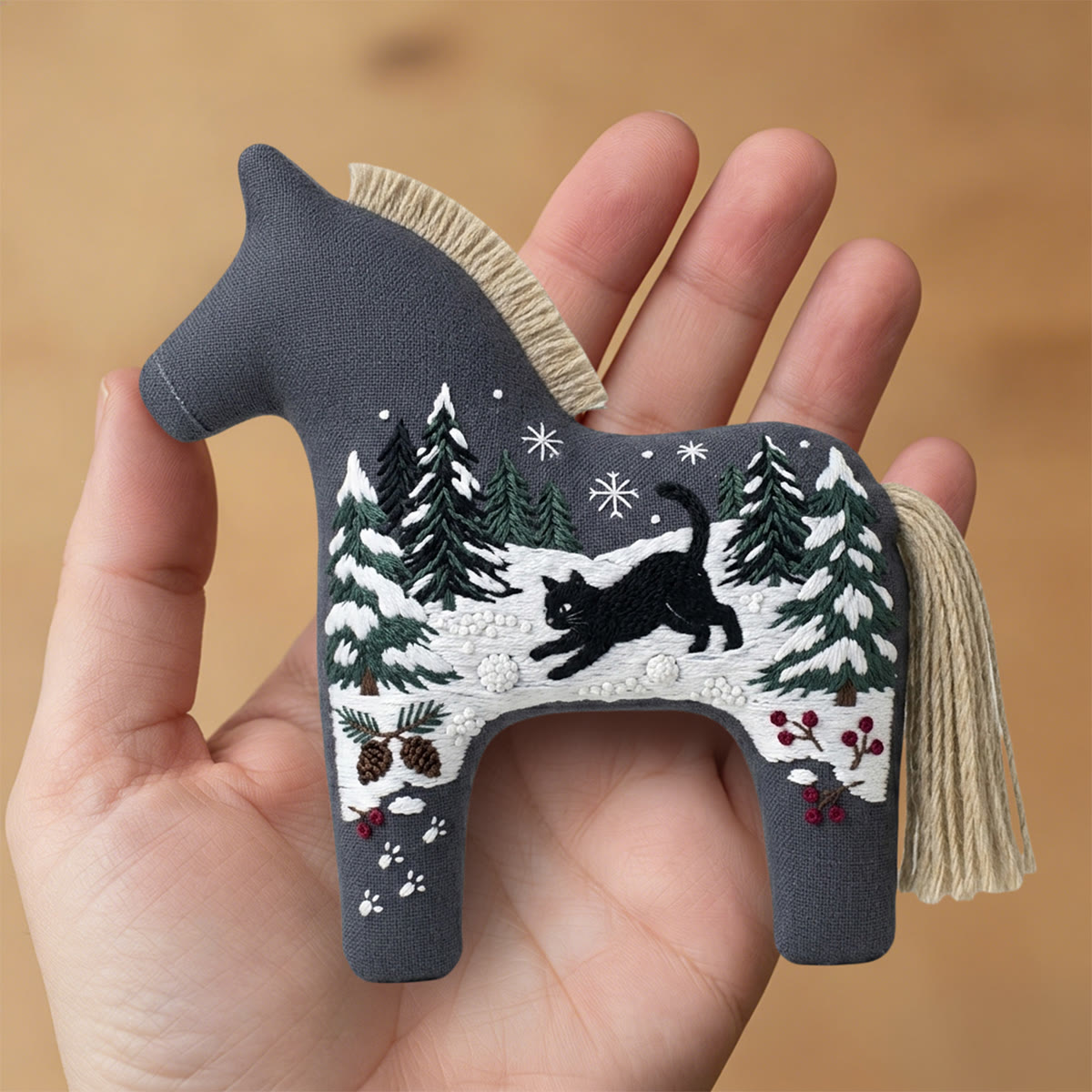 Rubbyoo Dala Horse Embroidery Kit - Black Cat In Snow | Winter Landscape Decoration | Christmas Snow Scene Needlework Gift - image 7