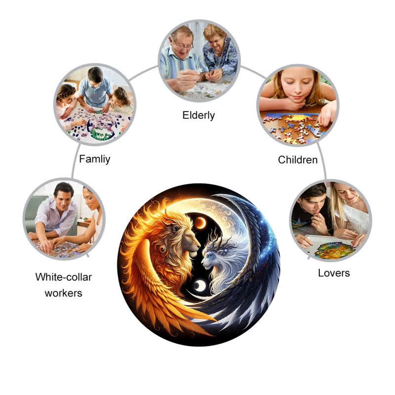 Rubbyoo Sun And Moon Winged Lions Yin Yang - Wooden Jigsaw Puzzle