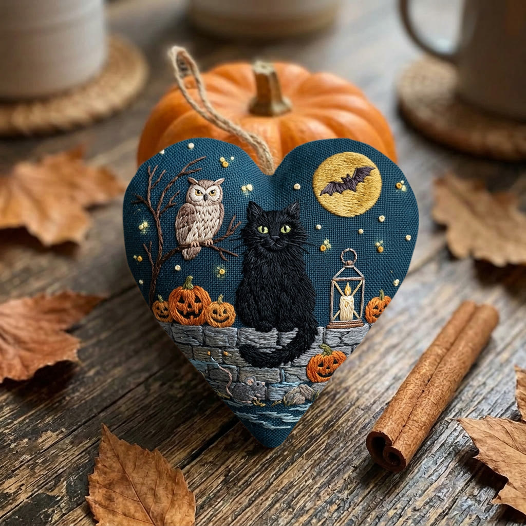 Rubbyoo Heart Embroidery Kit - Black Cat | Textile Craft Gift | Halloween Tree Ornament - image 4