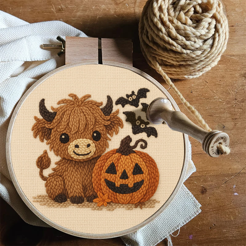 Cow Wtih Pumpkin Punch Needle Kit - Halloween Animal Decor | Diy Hoop Artwork - image 9