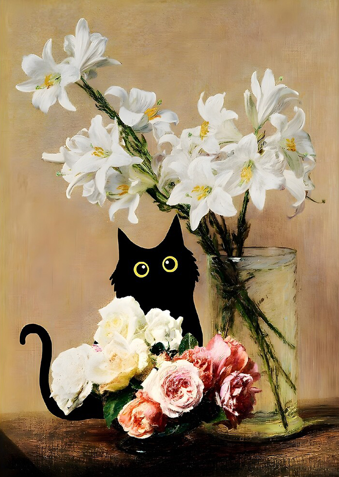 Rubbyoo Cute Black Cat With Roses And Lilies - Wooden Jigsaw Puzzle