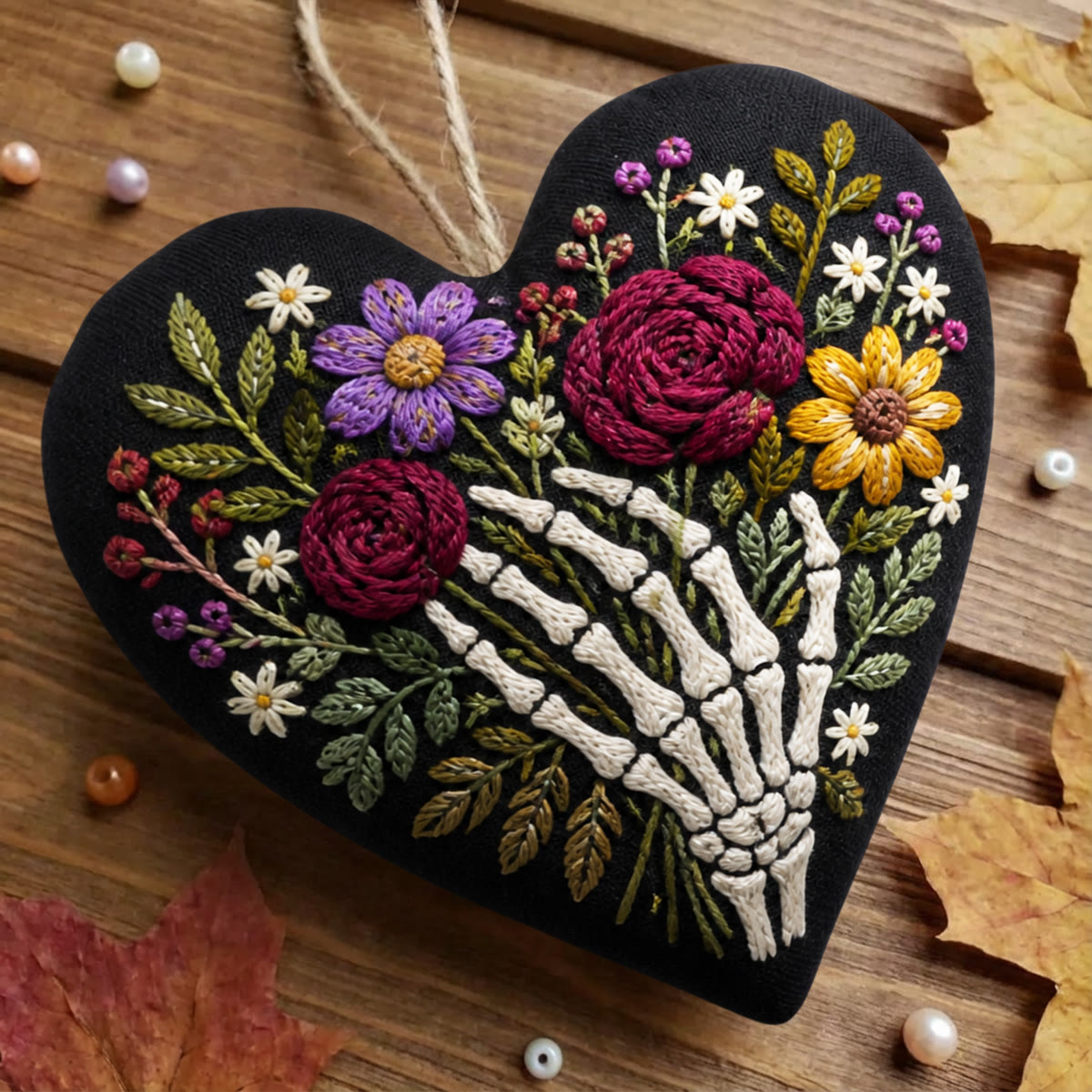 Rubbyoo Heart Embroidery Kit - Floral Skeleton Hand | Dark Romantic Botanical Art | Diy Floral Day Of The Dead Decor  - image 4