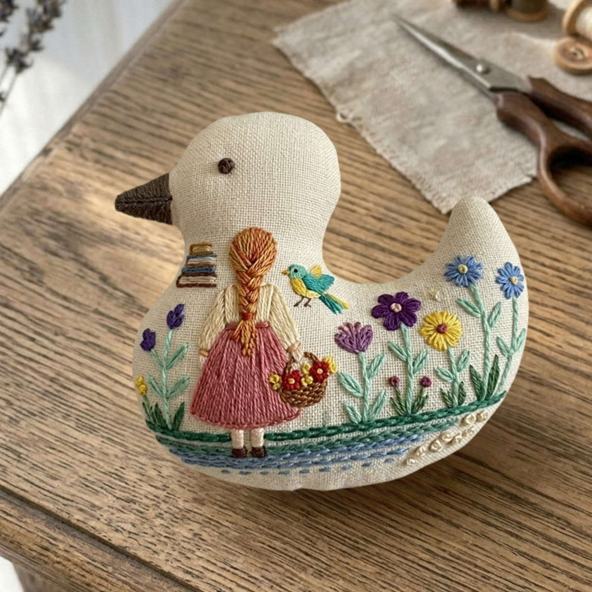 Rubbyoo Duck Embroidery Kit - Girl With Braid In Meadow | Shabby Chic Gift For Mother | Whimsical Linen Bag Charm - image 4