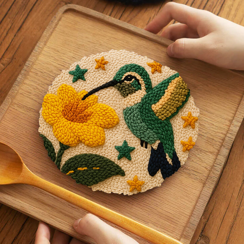 Hummingbird With Yellow Flower And Star Detail Punch Needle Kit – Easy-to-master Diy Craft | Elegant Decor Pendant - 5 inch Coaster Kit - image 4