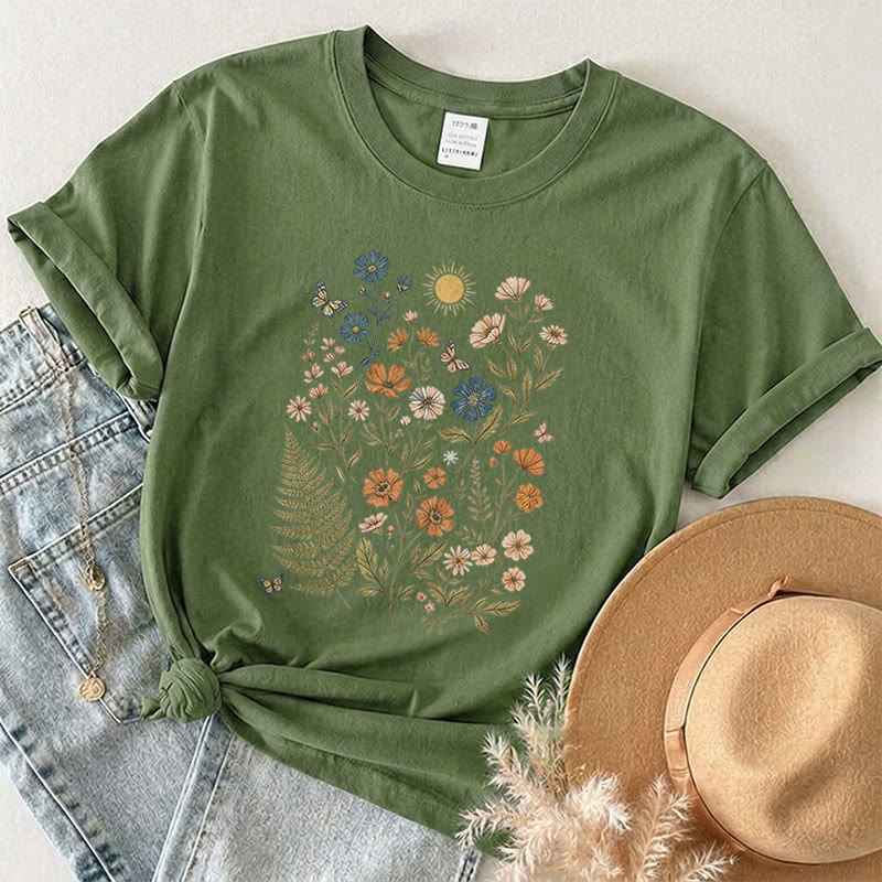 Rubbyoo Charming Flowers Graphic Tee  - Botanical Floral T-shirt Gift | Comfort Stylish Outfit  - Army Green - 2XL - image 6