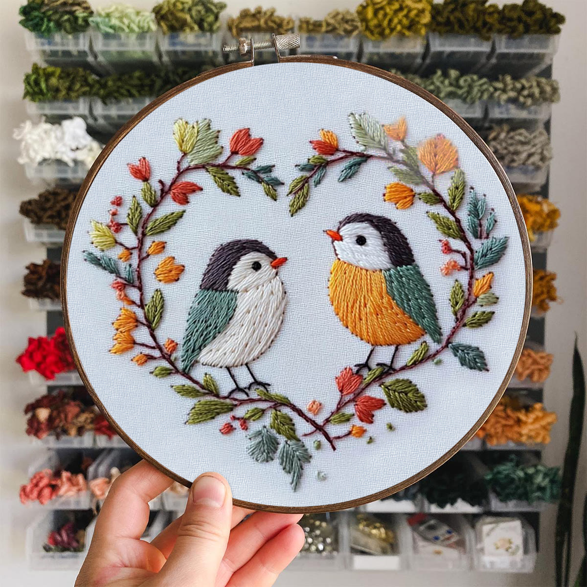 Rubbyoo Embroidery Kit - Two Birds In Heart Branch Wreath | Freshman-friendly Diy | Entry-level Handcraft - image 5