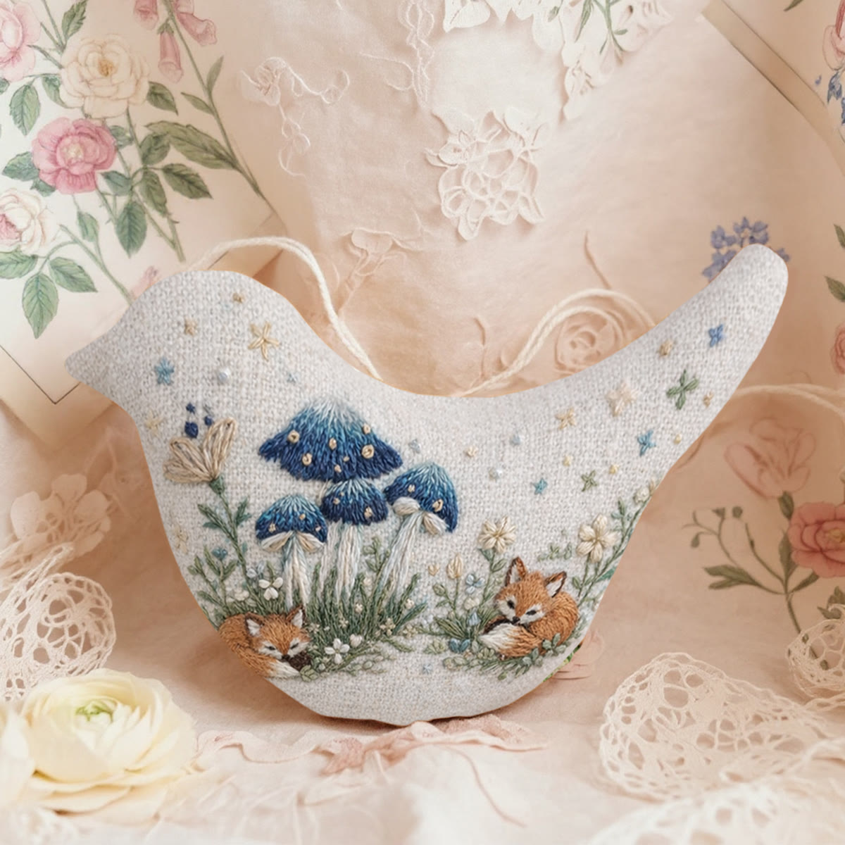 Rubbyoo Bird-shaped Embroidery Kit - Sleeping Fox And Mushroom | Woodland Fairy Tale Gift | Wall Gallery Decor - image 3