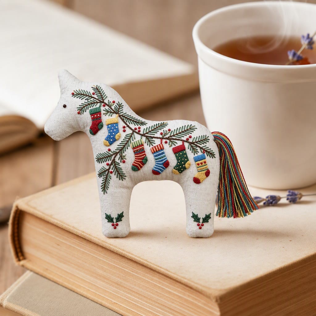 Rubbyoo Dala Horse Embroidery Kit - Christmas Socks Branch | Diy Rustic Evergreen Craft | Cozy Festive Party Decor - image 3