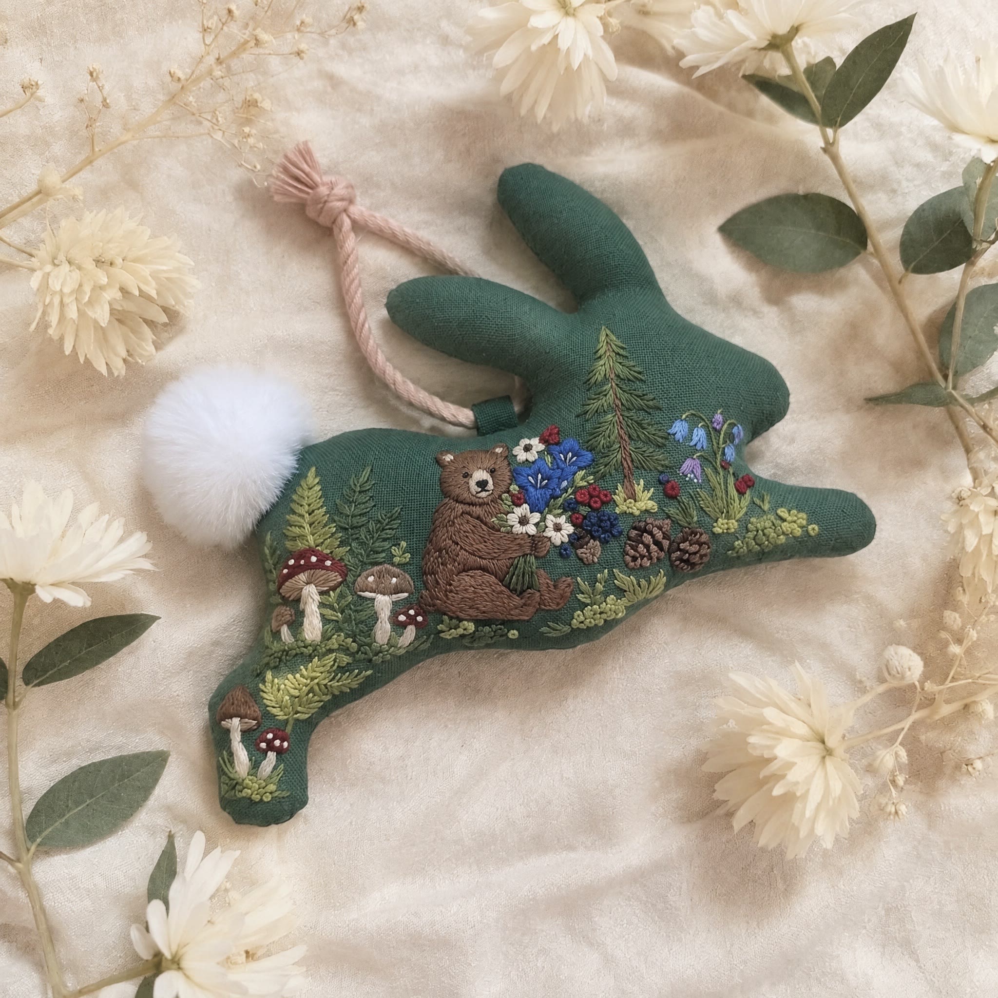 Rubbyoo Rabbit Embroidery Kit - Bear With A Bouquet | Rustic Landscape Art Decor | Handmade Woodland Nature Scene  - image 2