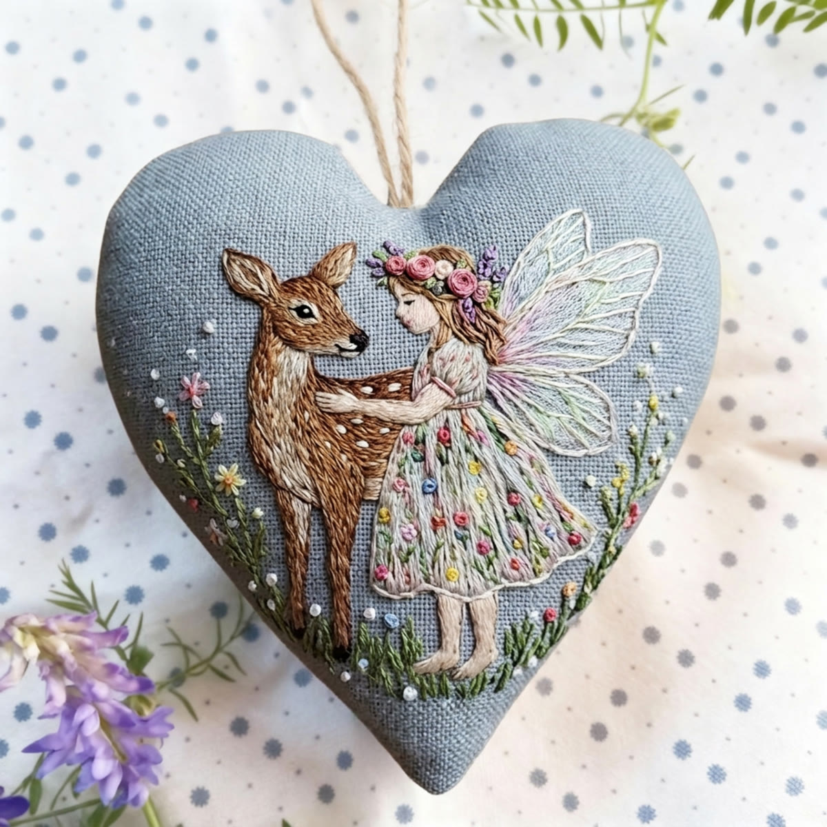 Rubbyoo Heart Embroidery Kit - Angel & Deer | Fairy-tale-inspired Present For Her | Cozy Blue Wall Hanging - image 4