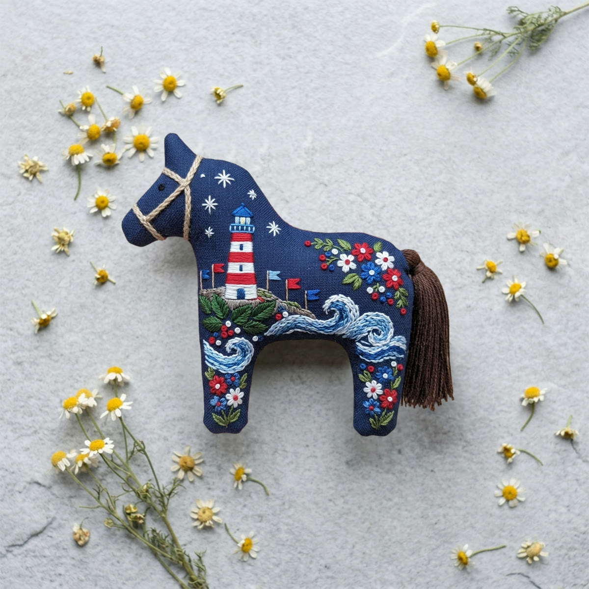 Rubbyoo Dala Horse Embroidery Kit - Lighthouse On The Sea | Blue Floral Folk Art Ornament | Exquisite Handmade Art Piece - image 6
