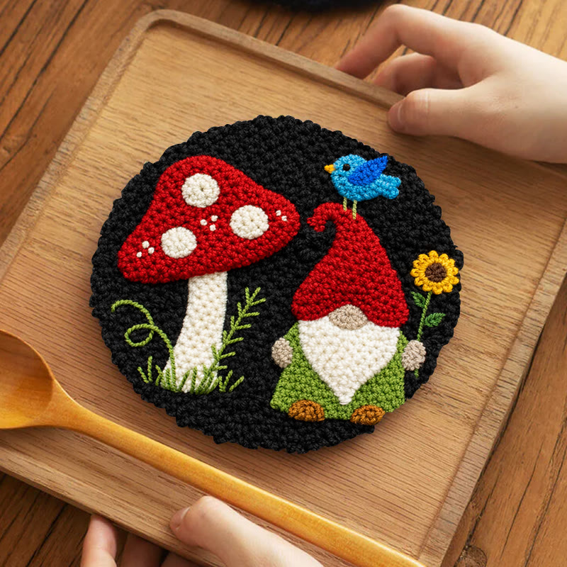 Mushroom Gnome Punch Needle Kit – Whimsical Handcraft | Cute Decorative Pendant - 5 inch Coaster Kit - image 4
