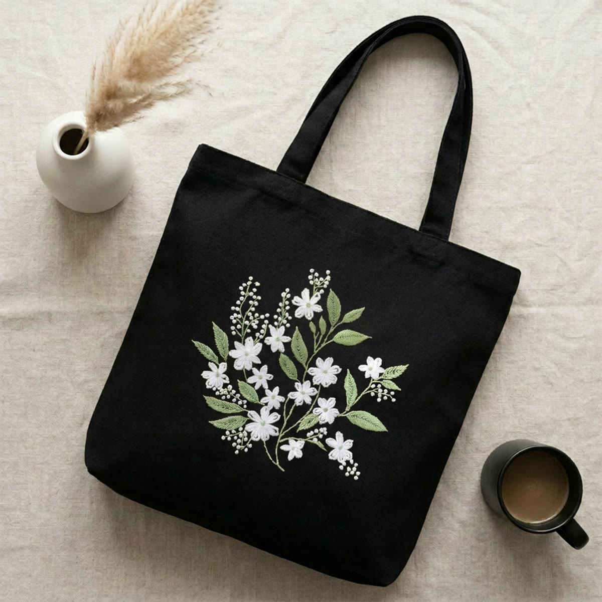 Rubbyoo Embroidery Tote Bag Kit - Blooming Jasmine | Handmade  Shoulder Bag  | Diy Bridesmaid Gift  - 11.8" × 13.8" - Black - image 4