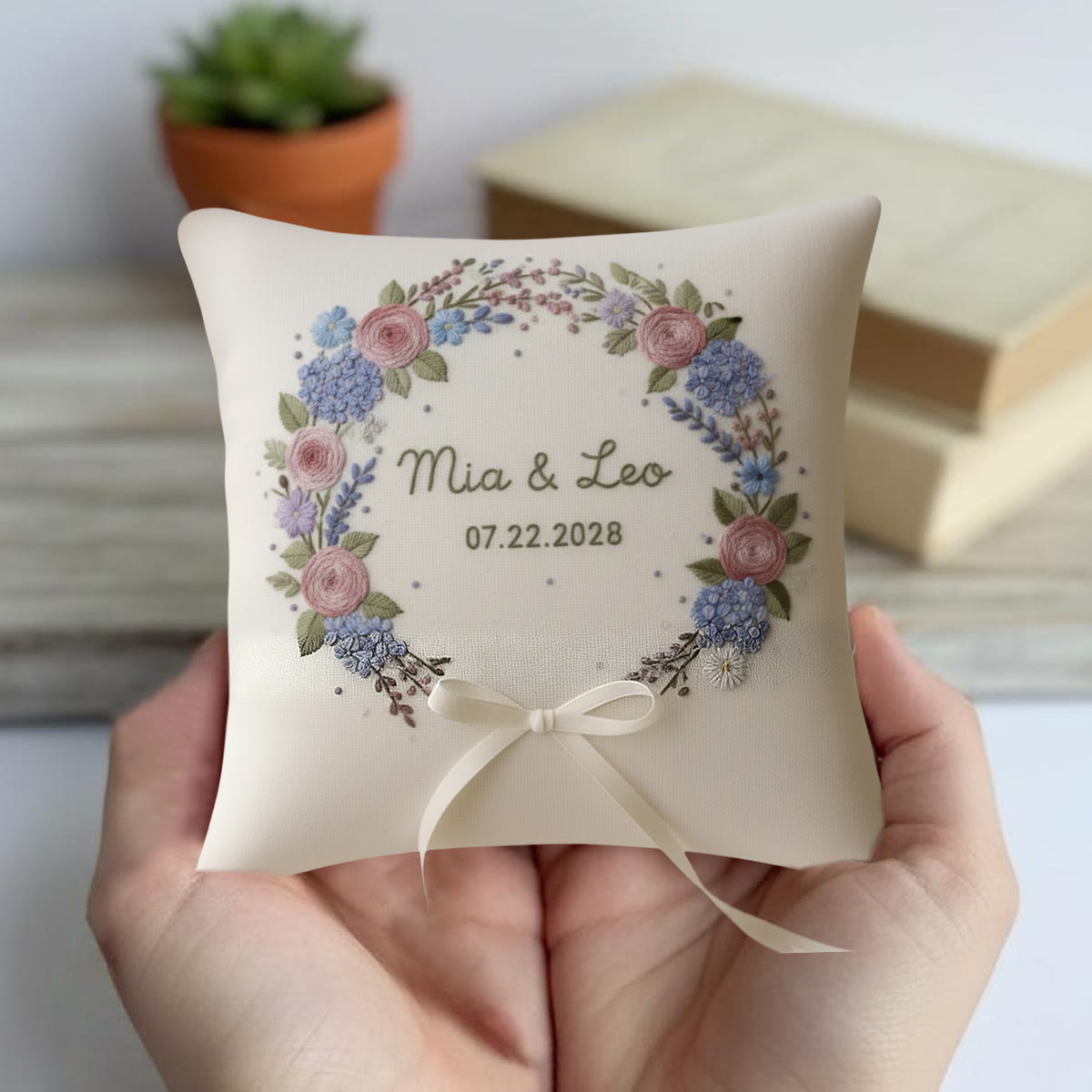 Rubbyoo Personalized Ring Bearer Pillow Embroidery Kit - Pink Rose Hydrangea Floral Wreath | Bespoke Handmade Work | Wedding Table Accents - image 3