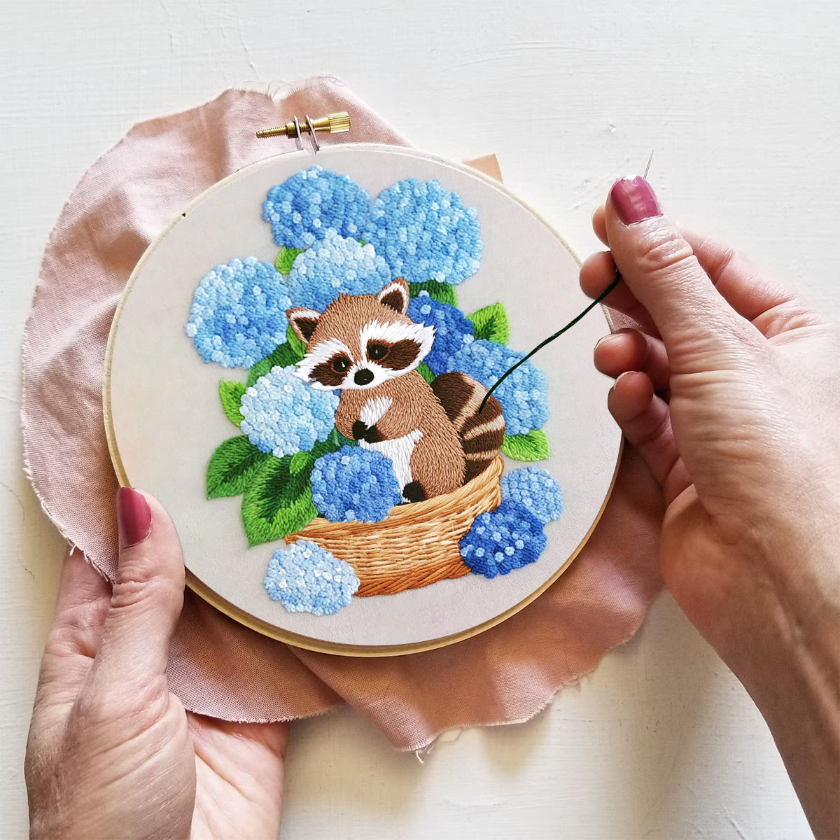 Rubbyoo Embroidery Kit- Cute Raccoon With Blue Flower Diy Craft Kits | For Craft Lover - image 3