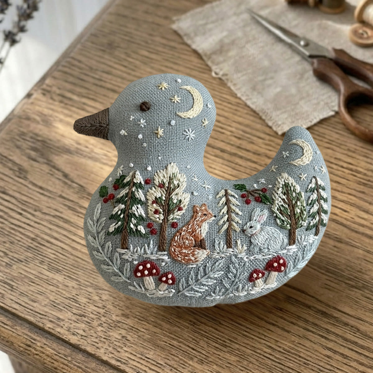 Rubbyoo Duck Embroidery Kit - Fox And Rabbit In Snowy Forest | Whimsical Forest Creature Gift | Unique Moon And Stars Nursery Decor - image 3
