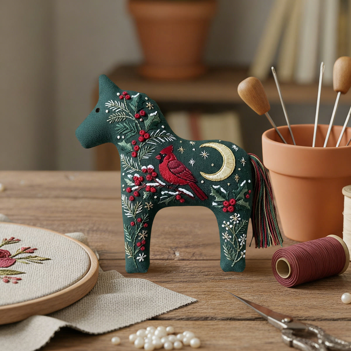 Rubbyoo Dala Horse Embroidery Kit - Winter Midnight Cardinal | Traditional Christmas Tree Hanging | Cozy Festive Parlor Display - image 6