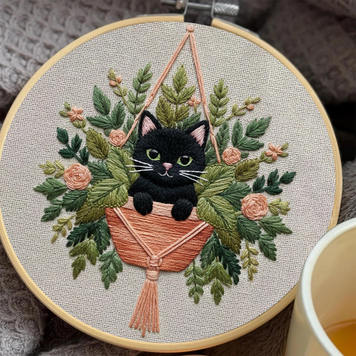 Rubbyoo Embroidery Kit - Black Cat In Hanging Planter | Therapeutic Craft | Whimsical Gift Idea - image 8