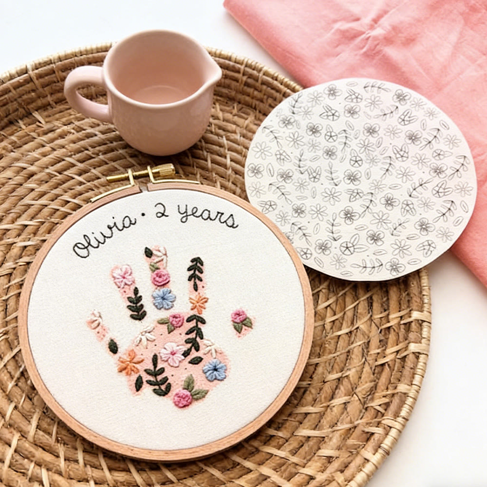 Embroidery Handprint Stick And Stitch Patterns | Diy Birthday Gift For Mom | Floral Kids Handprint Craft  - 8 Inches Stick Patten - image 1