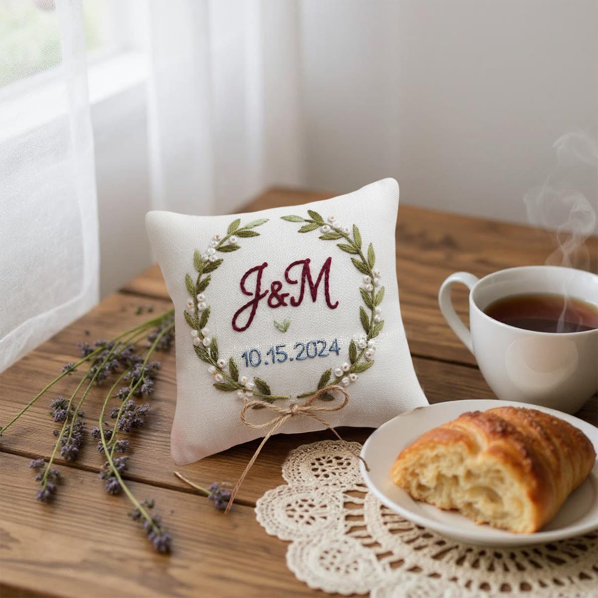 Rubbyoo Personalized Ring Bearer Pillow Embroidery Kit - Pearl-adorned Leaf Wreath With Initials | Tailor-made Handcraft | Wedding Ceremony Touches - image 4