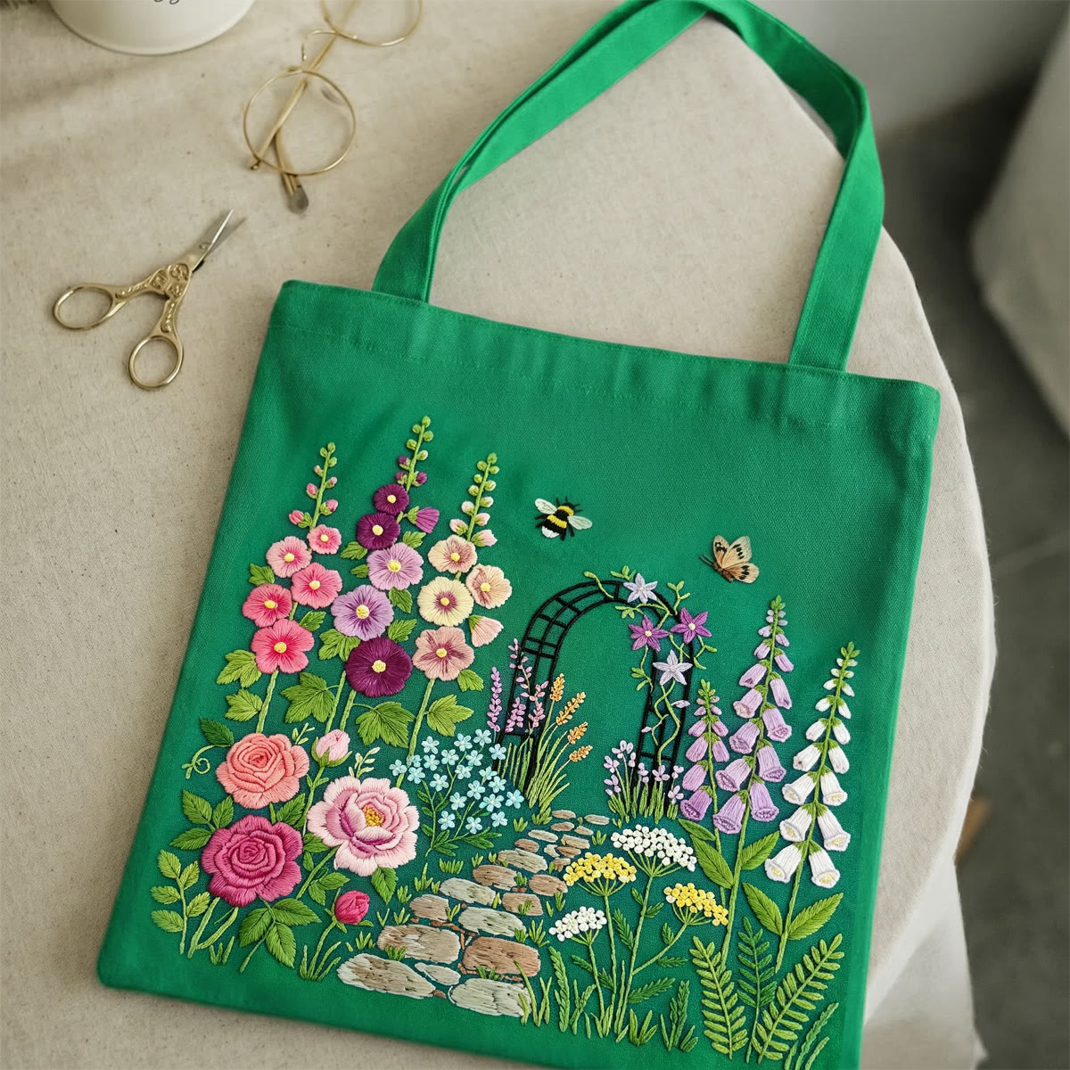 Rubbyoo Embroidery Tote Bag Kit - Blooming Graden | Aesthetic Handmade Craft | Multi-colored Shoulder Bag  - 9.8" × 11.8" - Green - image 3