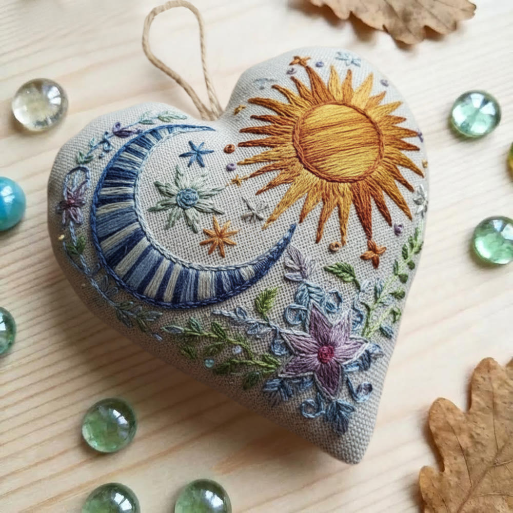 Rubbyoo Heart Embroidery Kit - Sun & Moon |  Folk-Art Style DIY Needlework | Nature Lover's Heart Ornament - image 3