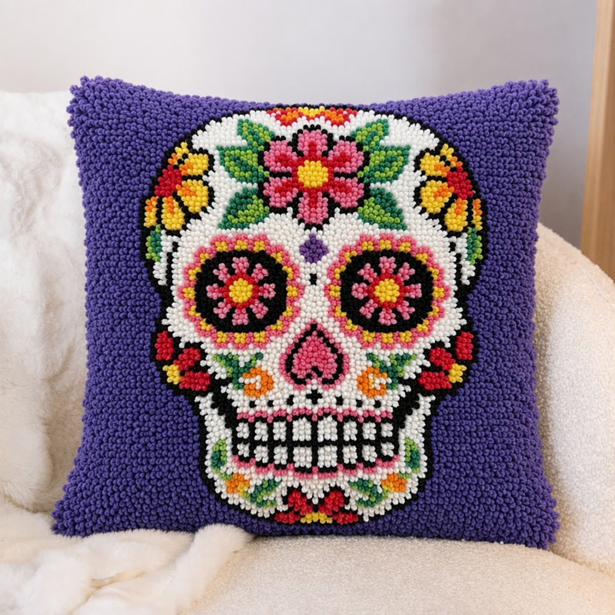 Rubbyoo Latch Hook Pillow Kit - Whimsical Floral Skull | Creative Day Of The Dead Gift | Vibrant Mexican Folk Art - image 4