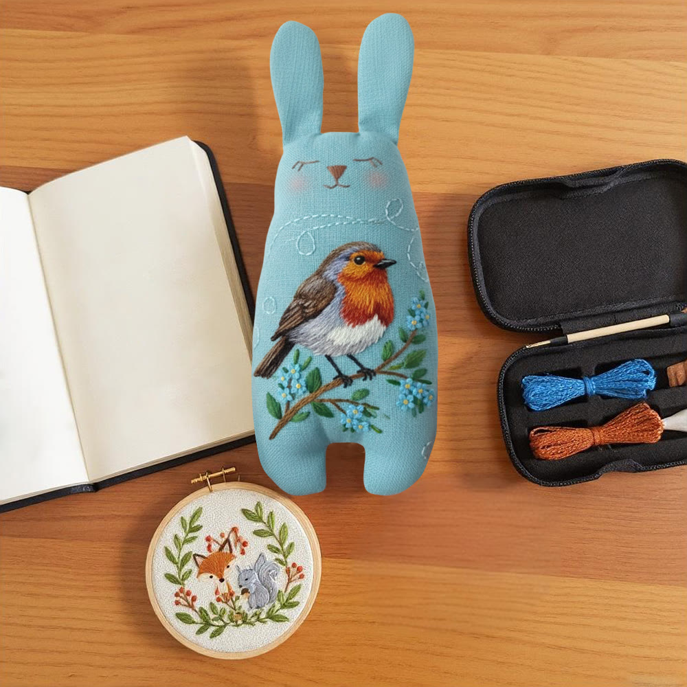 Rubbyoo Bunny Toy Embroidery Kit - Robin On Blue Linen | Novice-friendly Diy | Charming Handmade Gift - image 9